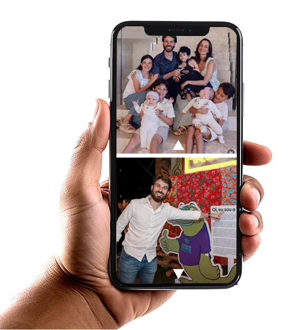 Celular mostrando fotos de Marcelo Aro e sua família.